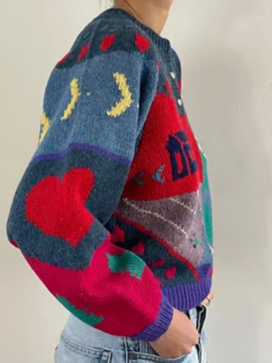 Vintage 80s Eagle eye patchwork wool hand knit cottagecore sweater jumper top - Picture 2 of 10